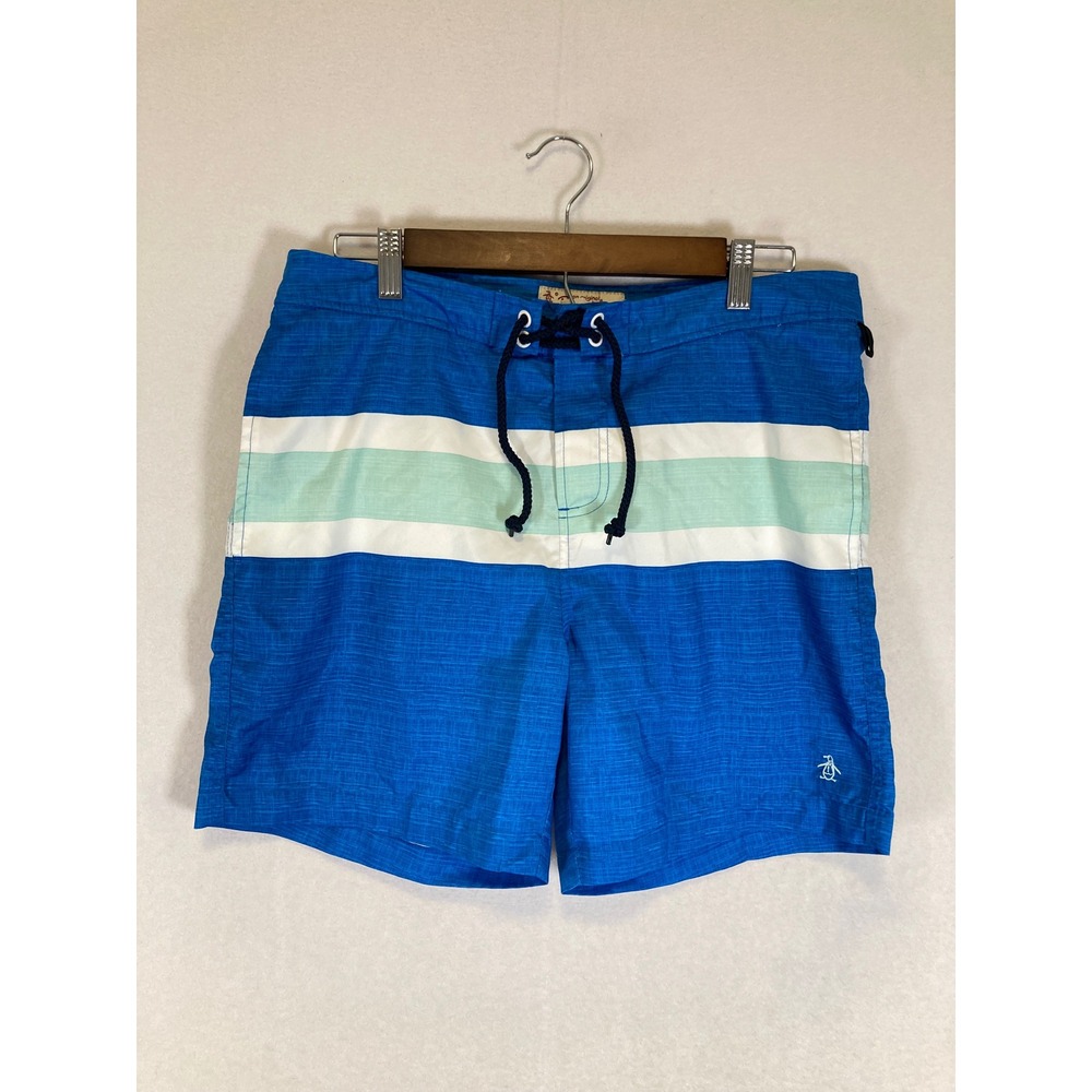 Coastal Original Penguin Mens 32 Blue Striped Drawstring Mesh Lined Swim Trunks